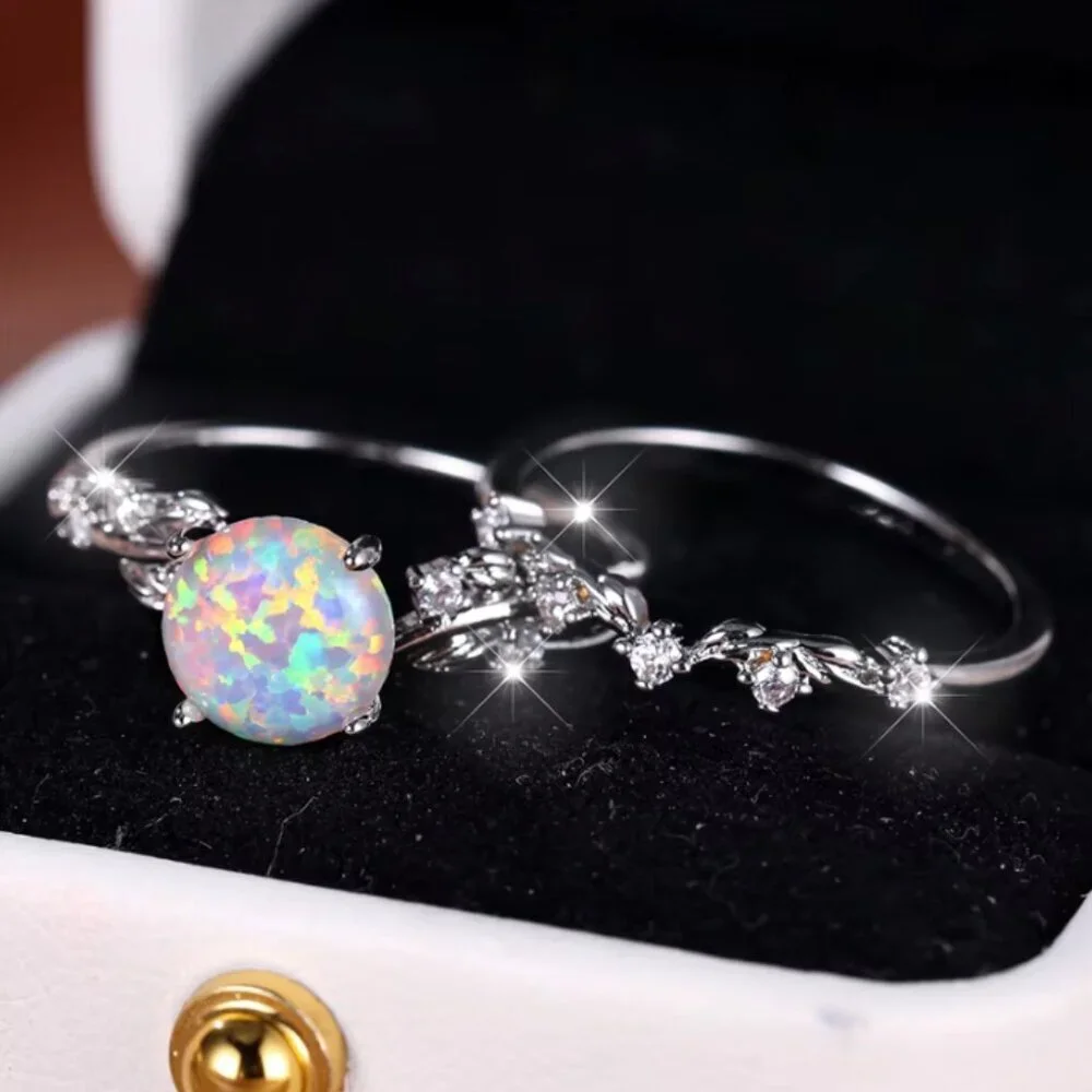 NEW 14k White Gold Opal Diamond Ring Band Set of 2 Rings